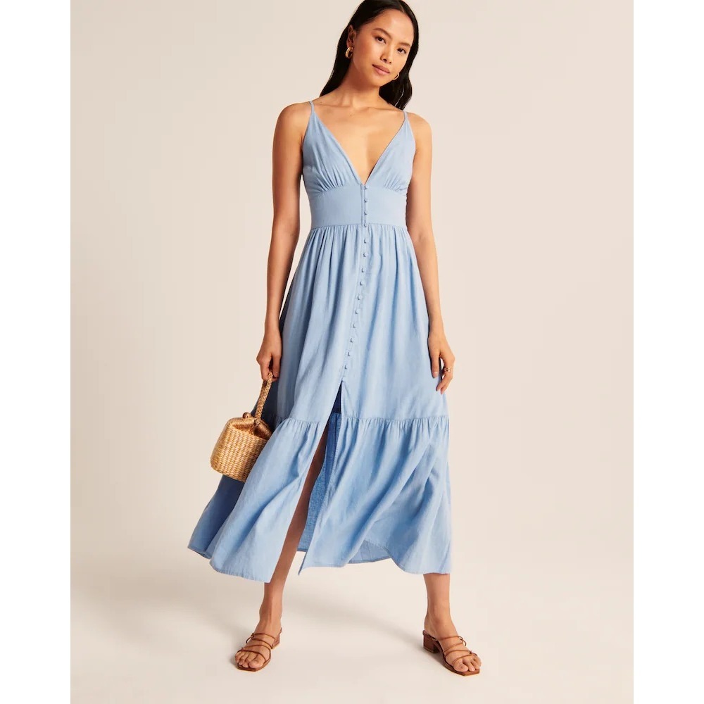 Abercrombie & Fitch Button Through Maxi Dress Light Blue V-Neck Smocked Small